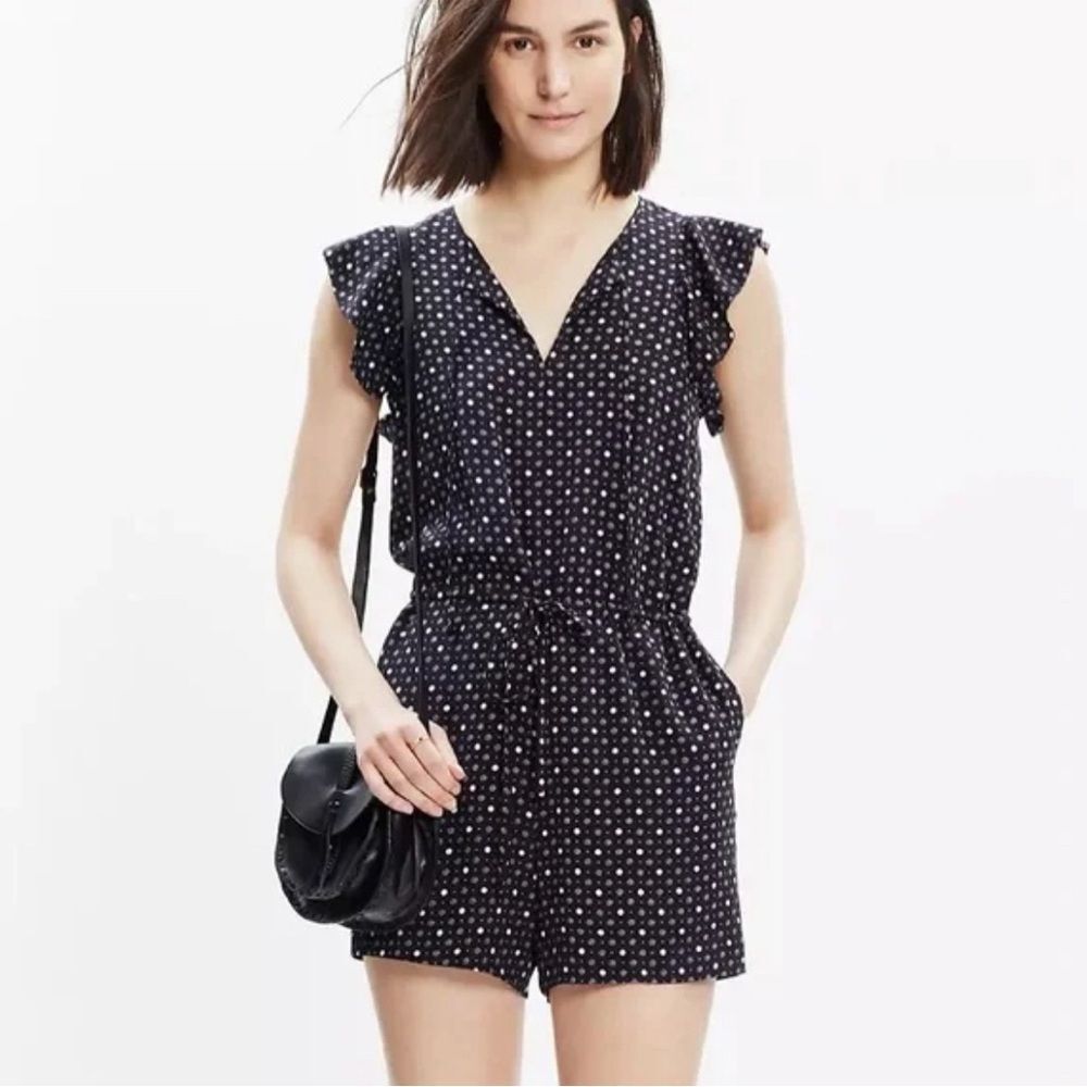 Madewell Silk Sleeveless Open back Romper Black Beige Pattern Size Medium